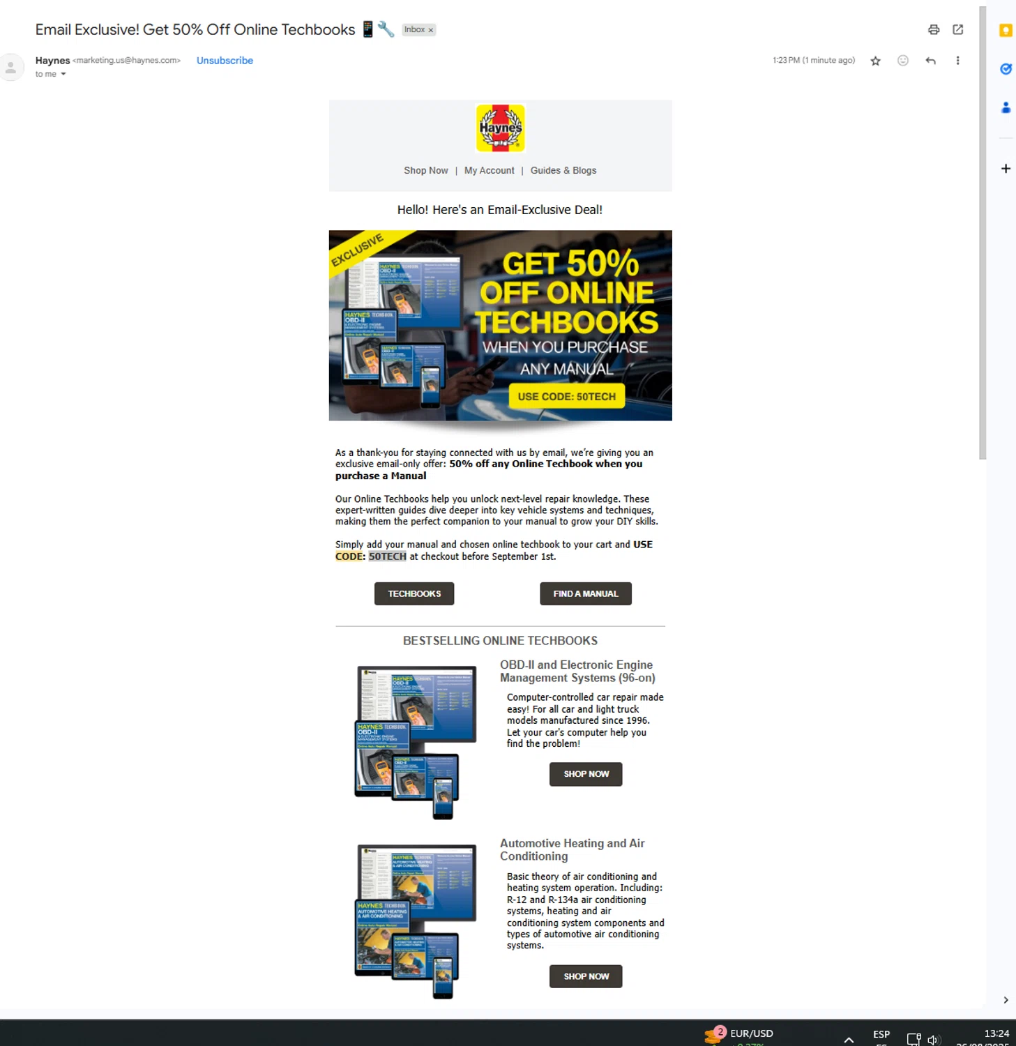 Haynes coupon code screenshot showing code 50TECH applied at Haynes checkout page. Uploaded by SimplyCodes community member UnkNownVnzla on Aug 26, 2025