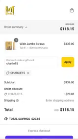 charlie15 coupon verification screenshot