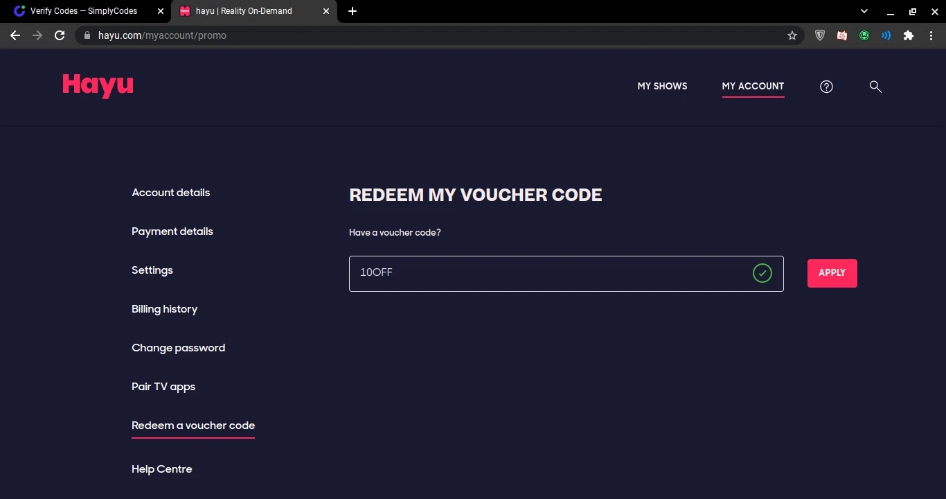 hayu checkout page showing hayu promo code box | Screenshot taken by SimplyCodes community member on May 22, 2022