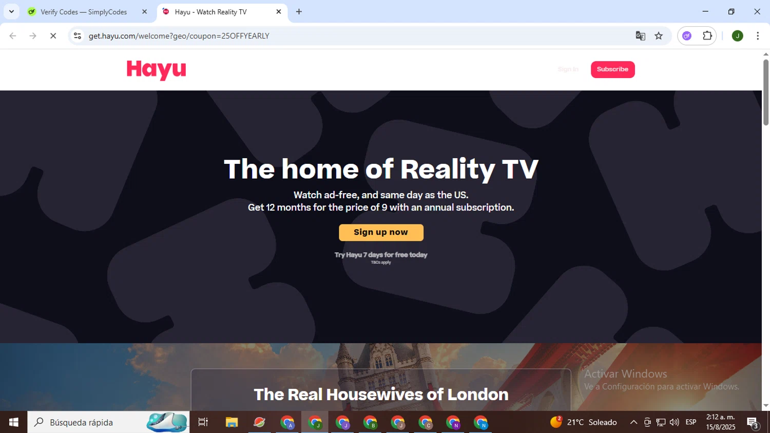 hayu promo code screenshot showing code 25OFFYEARLY applied at hayu checkout page. Uploaded by SimplyCodes community member CleverSeeker3529 on Aug 15, 2025