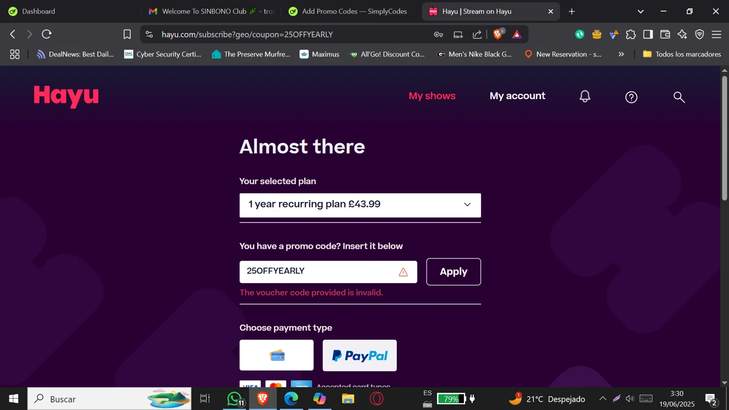 hayu promo code screenshot showing code 25OFFYEARLY applied at hayu checkout page. Uploaded by SimplyCodes community member Jeffersontorrealba on Jun 19, 2025