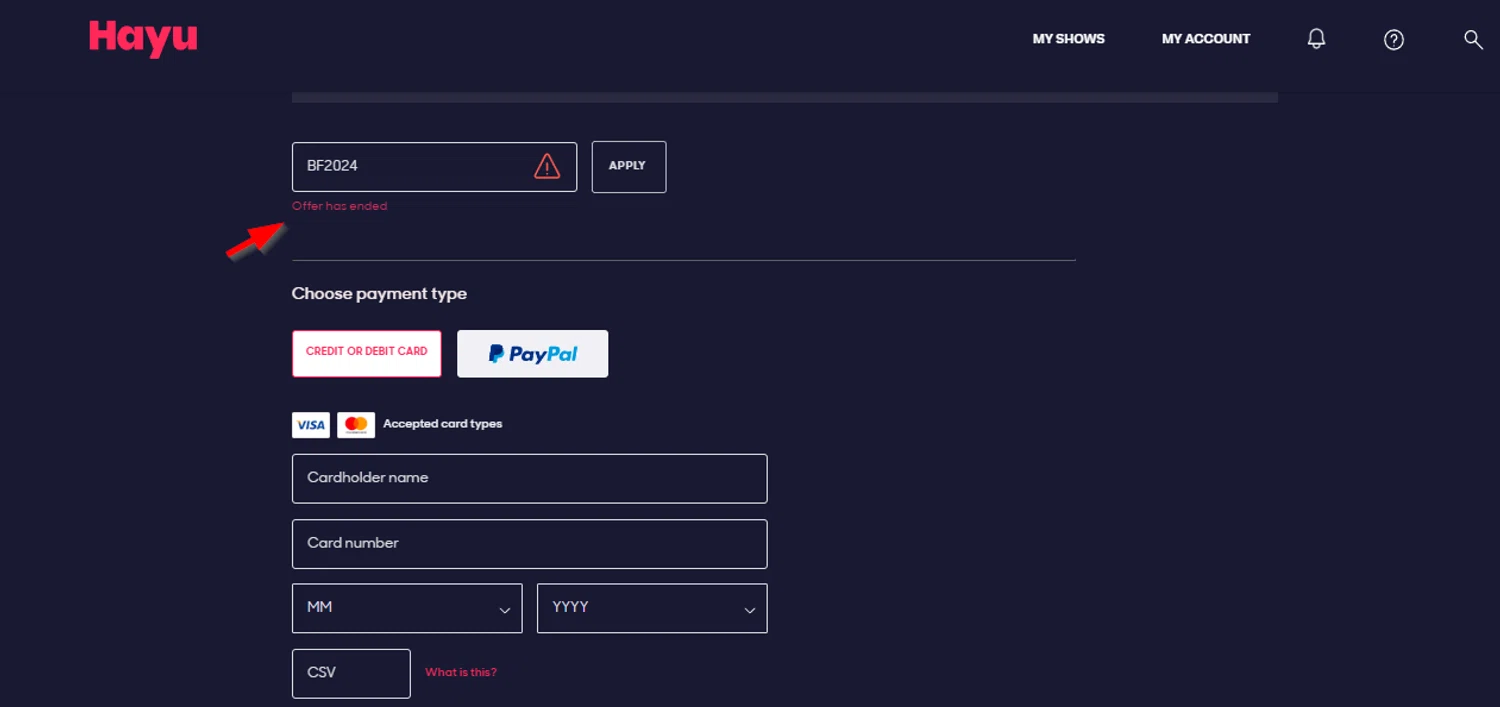 hayu promo code screenshot showing code BF2024 applied at hayu checkout page. Uploaded by SimplyCodes community member SimplyCVerlie on Dec 30, 2024