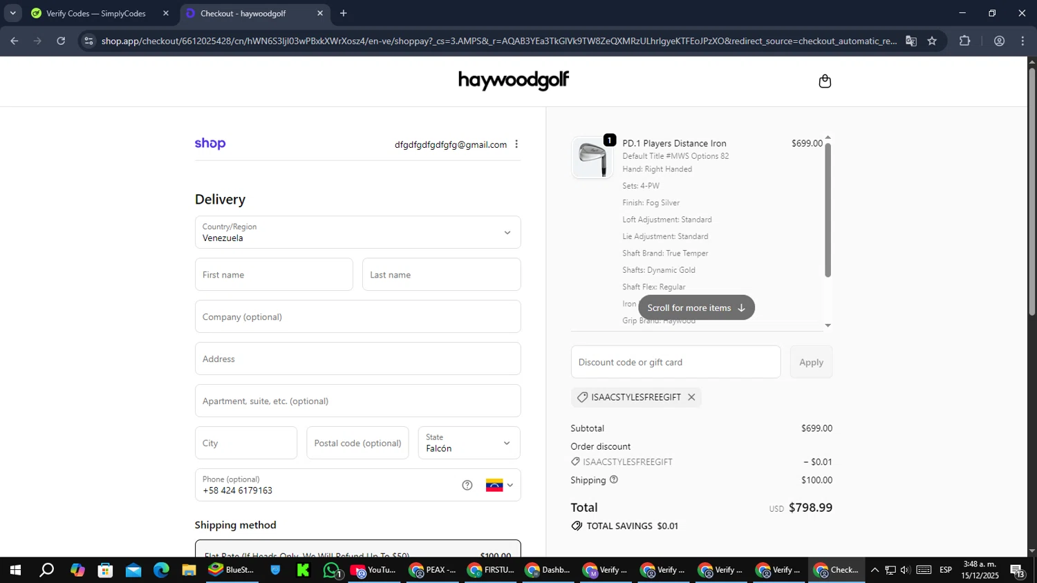 Haywoodgolf promo code screenshot showing code ISAACSTYLESFREEGIFT applied at Haywoodgolf checkout page. Uploaded by SimplyCodes community member Cynoxx on Dec 15, 2025