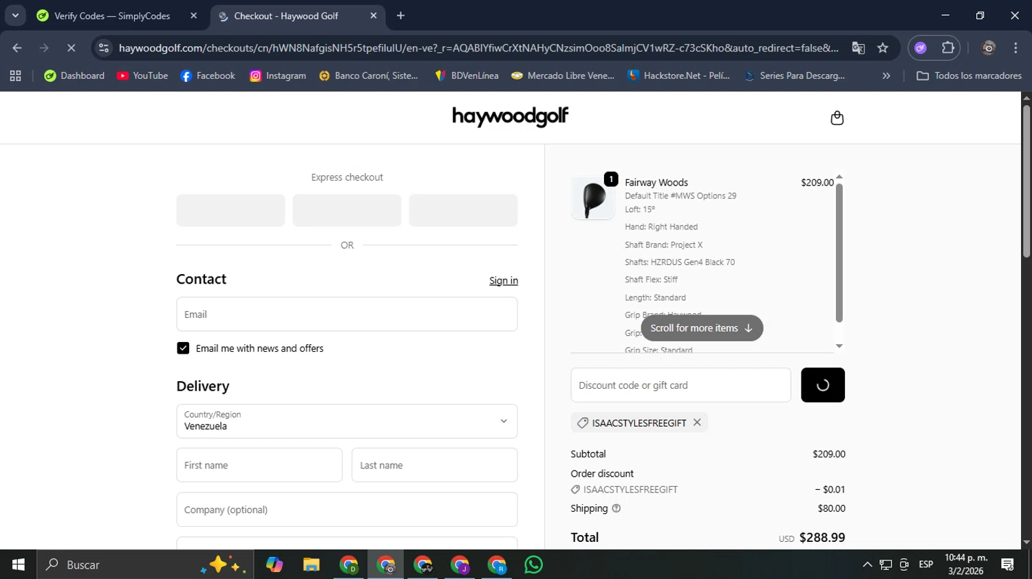 Haywoodgolf promo code screenshot showing code ISAACSTYLESFREEGIFT applied at Haywoodgolf checkout page. Uploaded by SimplyCodes community member Mroctober06 on Feb 4, 2026