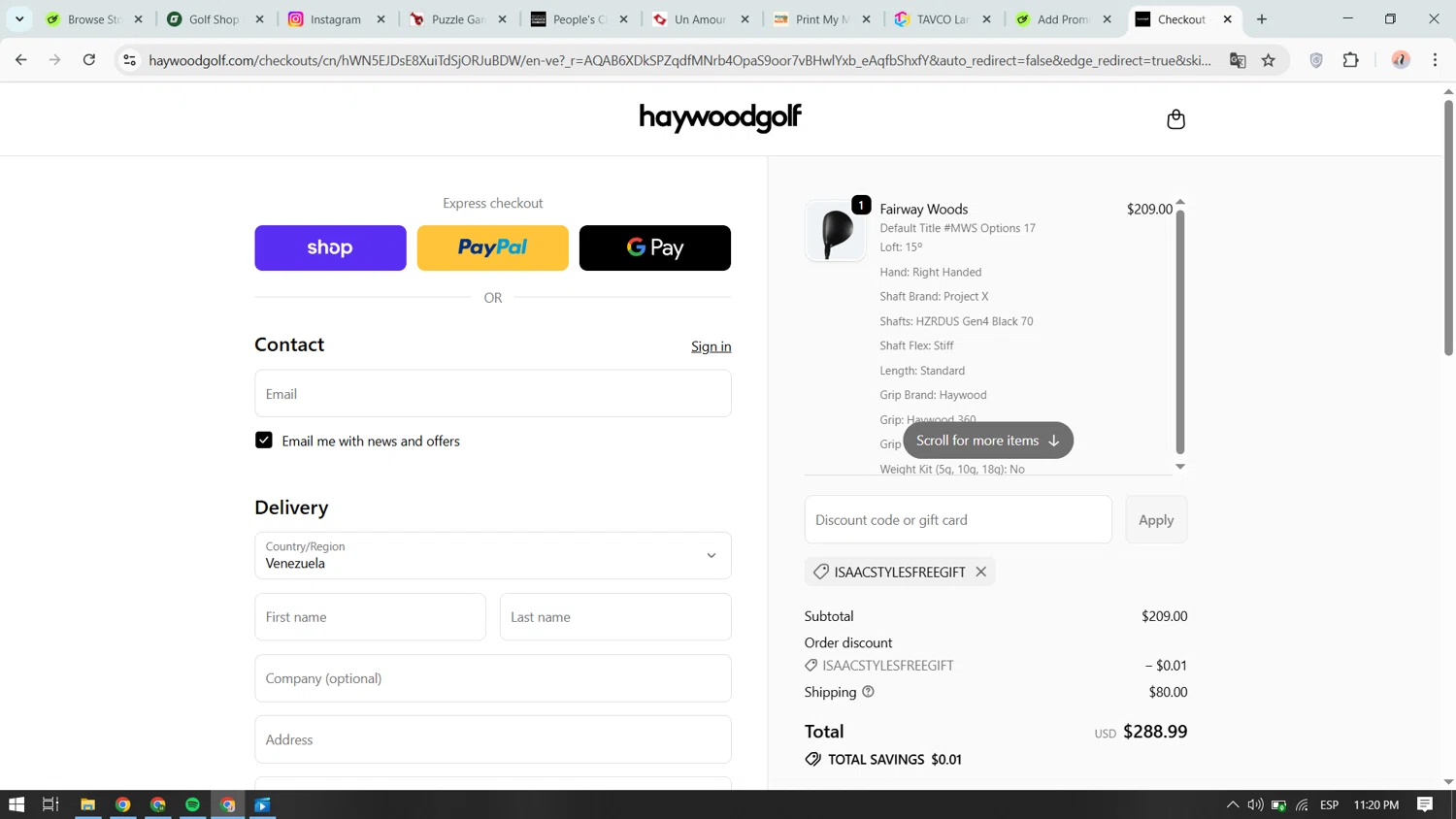 Haywoodgolf promo code screenshot showing code ISAACSTYLESFREEGIFT applied at Haywoodgolf checkout page. Uploaded by SimplyCodes community member yokoono10 on Nov 13, 2025