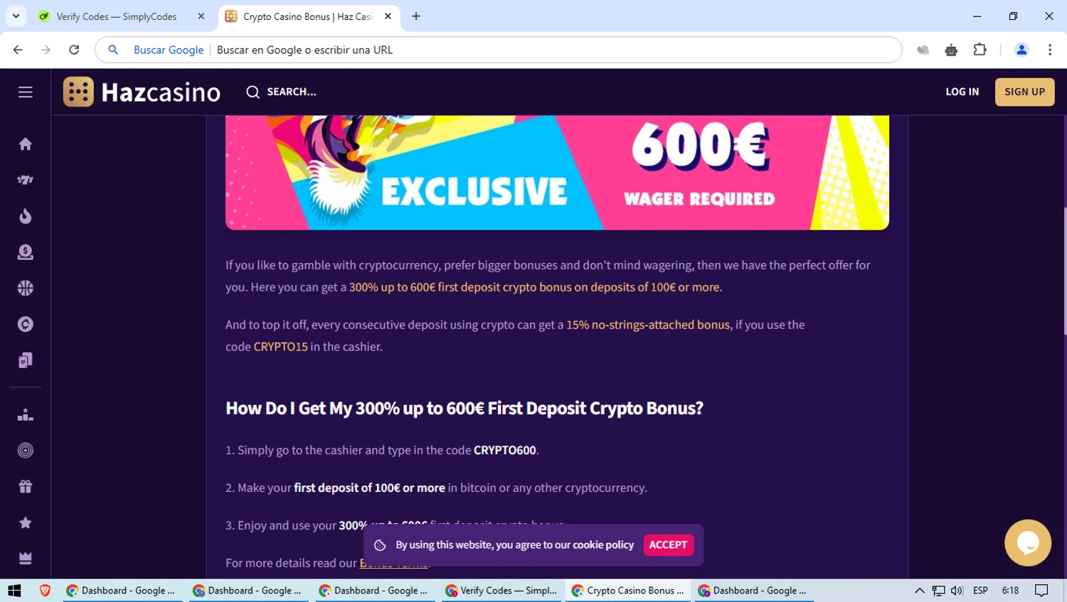 Haz Casino promo code screenshot showing code CRYPTO15 applied at Haz Casino checkout page. Uploaded by SimplyCodes community member aSASAS on Jan 15, 2025
