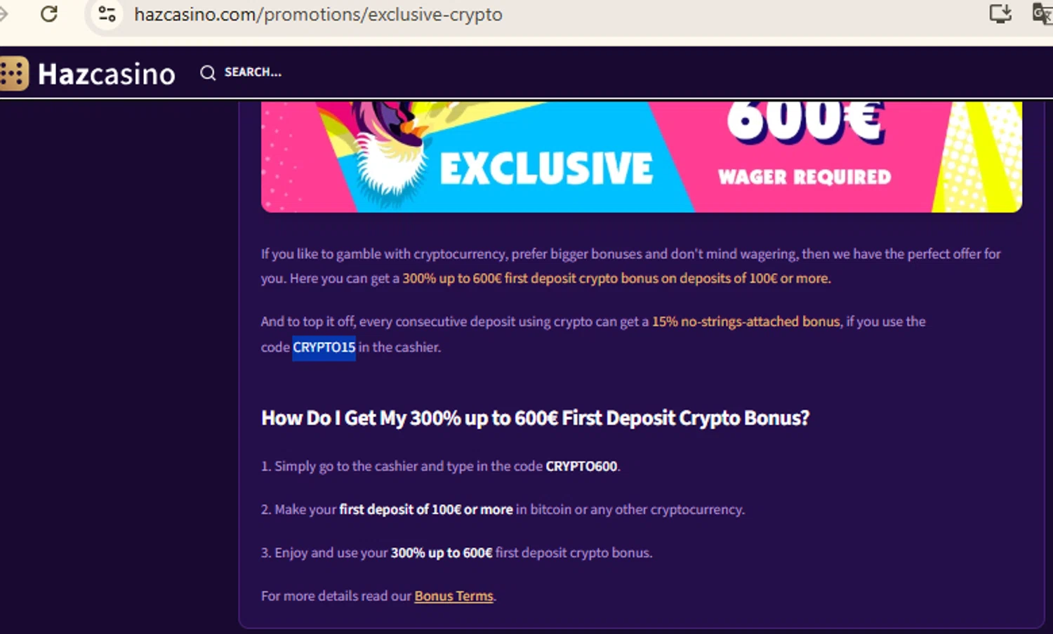 Haz Casino promo code screenshot showing code CRYPTO15 applied at Haz Casino checkout page. Uploaded by SimplyCodes community member RewardFinder4836 on Mar 14, 2025