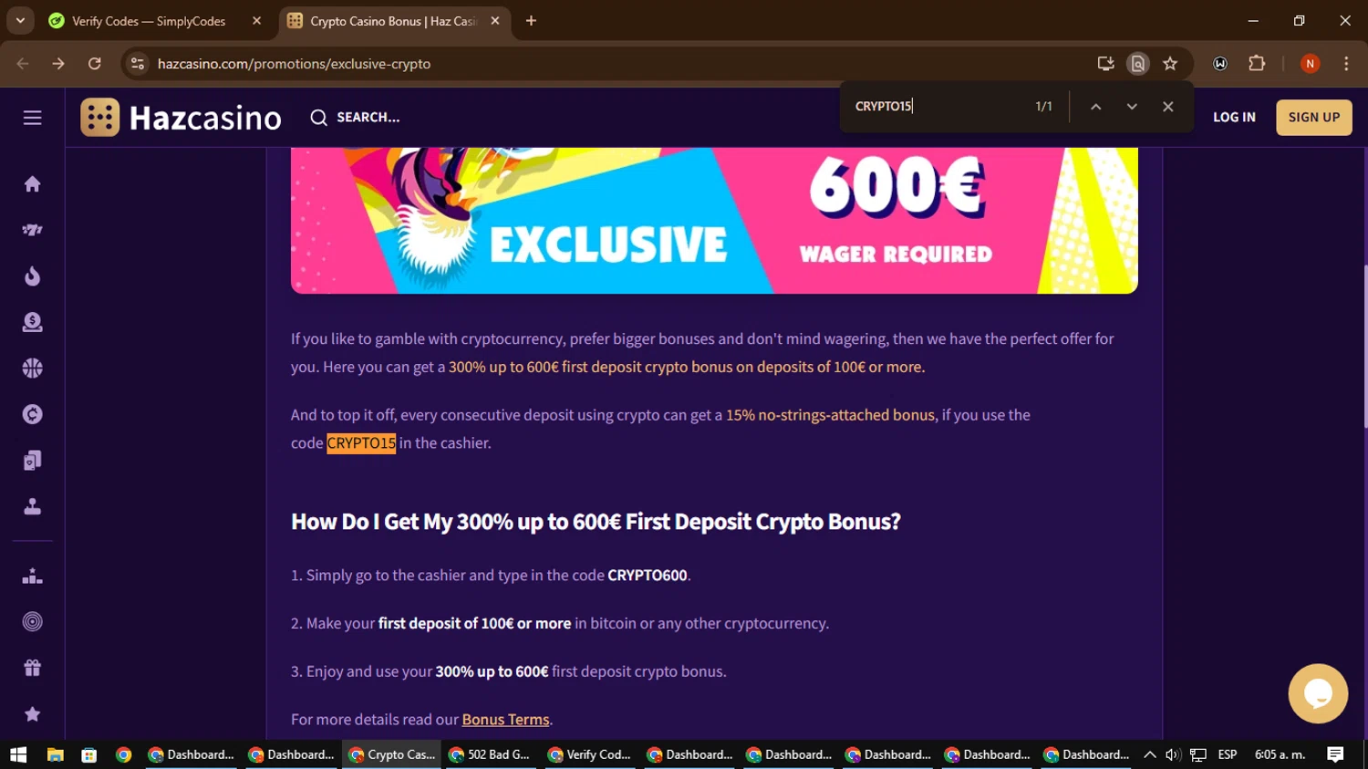 Haz Casino promo code screenshot showing code CRYPTO15 applied at Haz Casino checkout page. Uploaded by SimplyCodes community member MagnificentScout194 on Feb 13, 2025