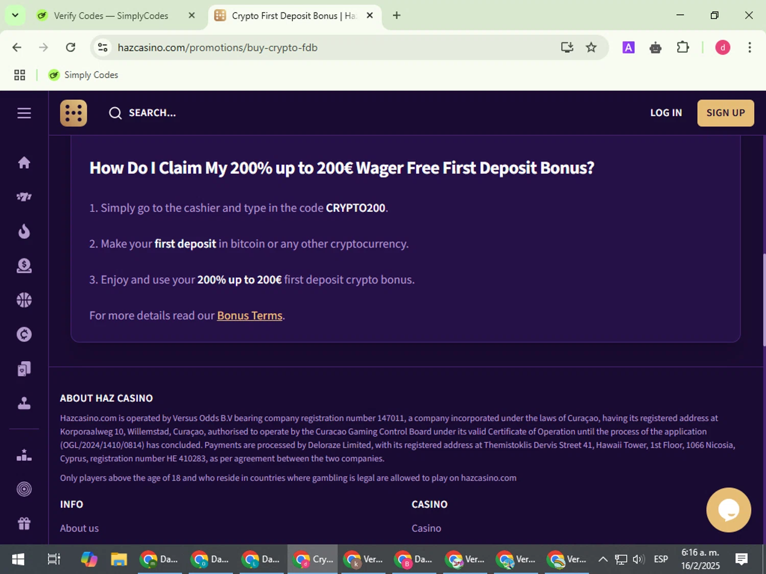 Haz Casino promo code screenshot showing code CRYPTO200 applied at Haz Casino checkout page. Uploaded by SimplyCodes community member BudgetVoyager5452 on Feb 16, 2025