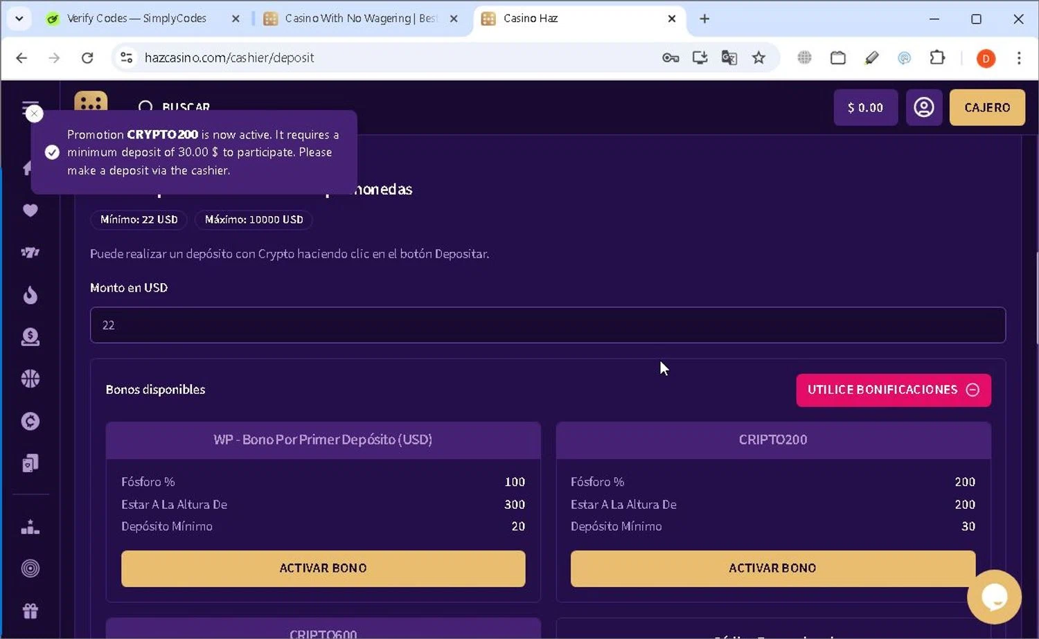 Haz Casino promo code screenshot showing code CRYPTO200 applied at Haz Casino checkout page. Uploaded by SimplyCodes community member gundogan on Jan 18, 2025