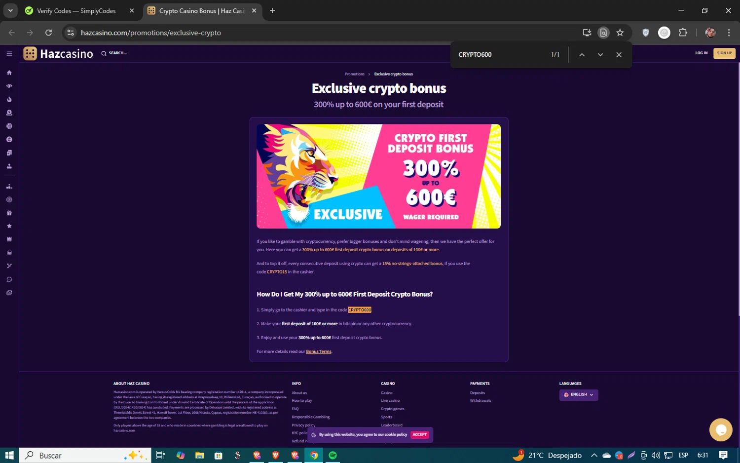 Haz Casino promo code screenshot showing code CRYPTO600 applied at Haz Casino checkout page. Uploaded by SimplyCodes community member 61451681 on Feb 14, 2025
