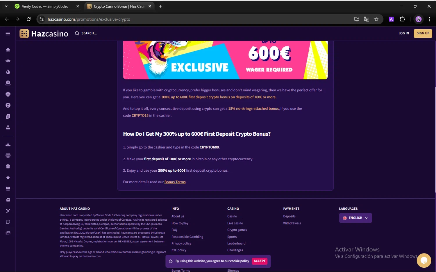 Haz Casino promo code screenshot showing code CRYPTO600 applied at Haz Casino checkout page. Uploaded by SimplyCodes community member JoanVerdu on Mar 15, 2025