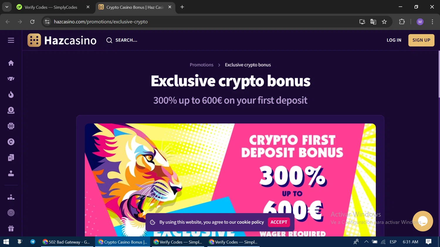 Haz Casino promo code screenshot showing code CRYPTO600 applied at Haz Casino checkout page. Uploaded by SimplyCodes community member CodeLegend9632 on Feb 14, 2025