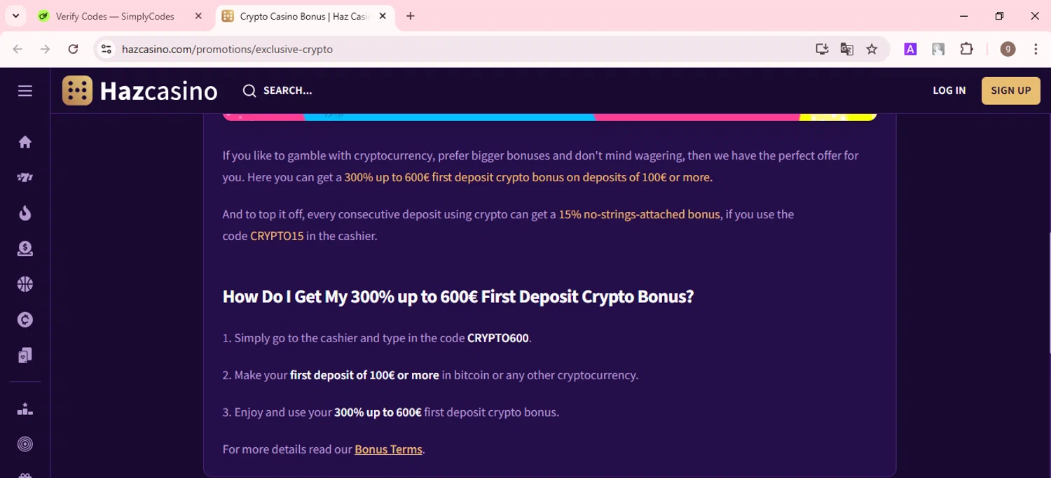 Haz Casino checkout page showing Haz Casino promo code box | Screenshot taken by SimplyCodes community member on Jan 16, 2025