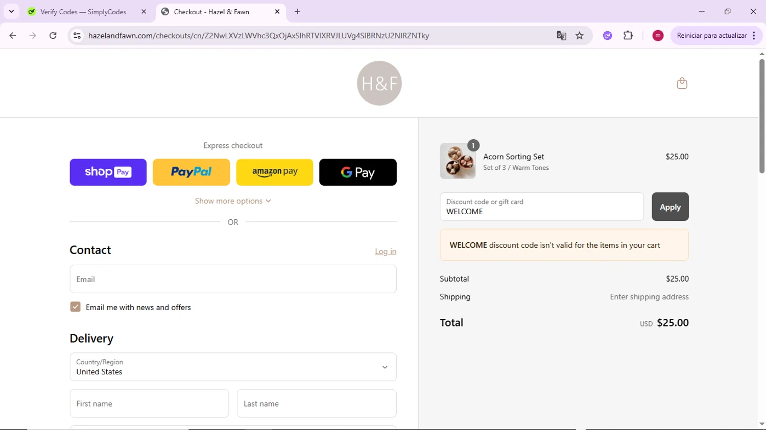 Hazel & Fawn promo code screenshot showing code WELCOME applied at Hazel & Fawn checkout page. Uploaded by SimplyCodes community member PrimeSage7080 on Jun 14, 2025