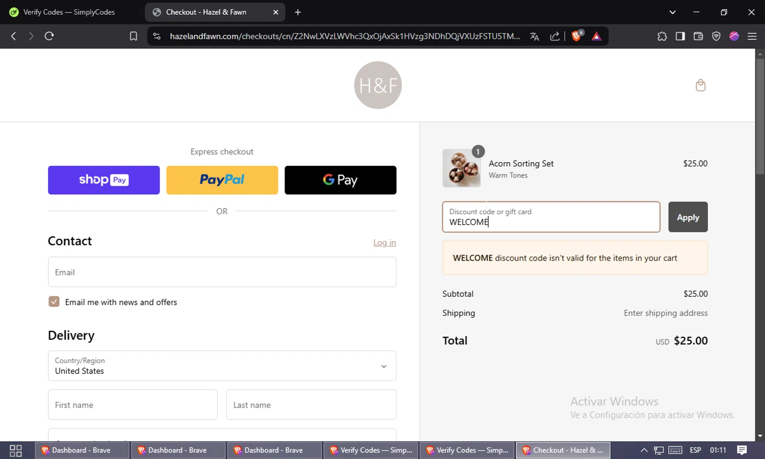 Hazel & Fawn promo code screenshot showing code WELCOME applied at Hazel & Fawn checkout page. Uploaded by SimplyCodes community member Doomslayer on Feb 20, 2025