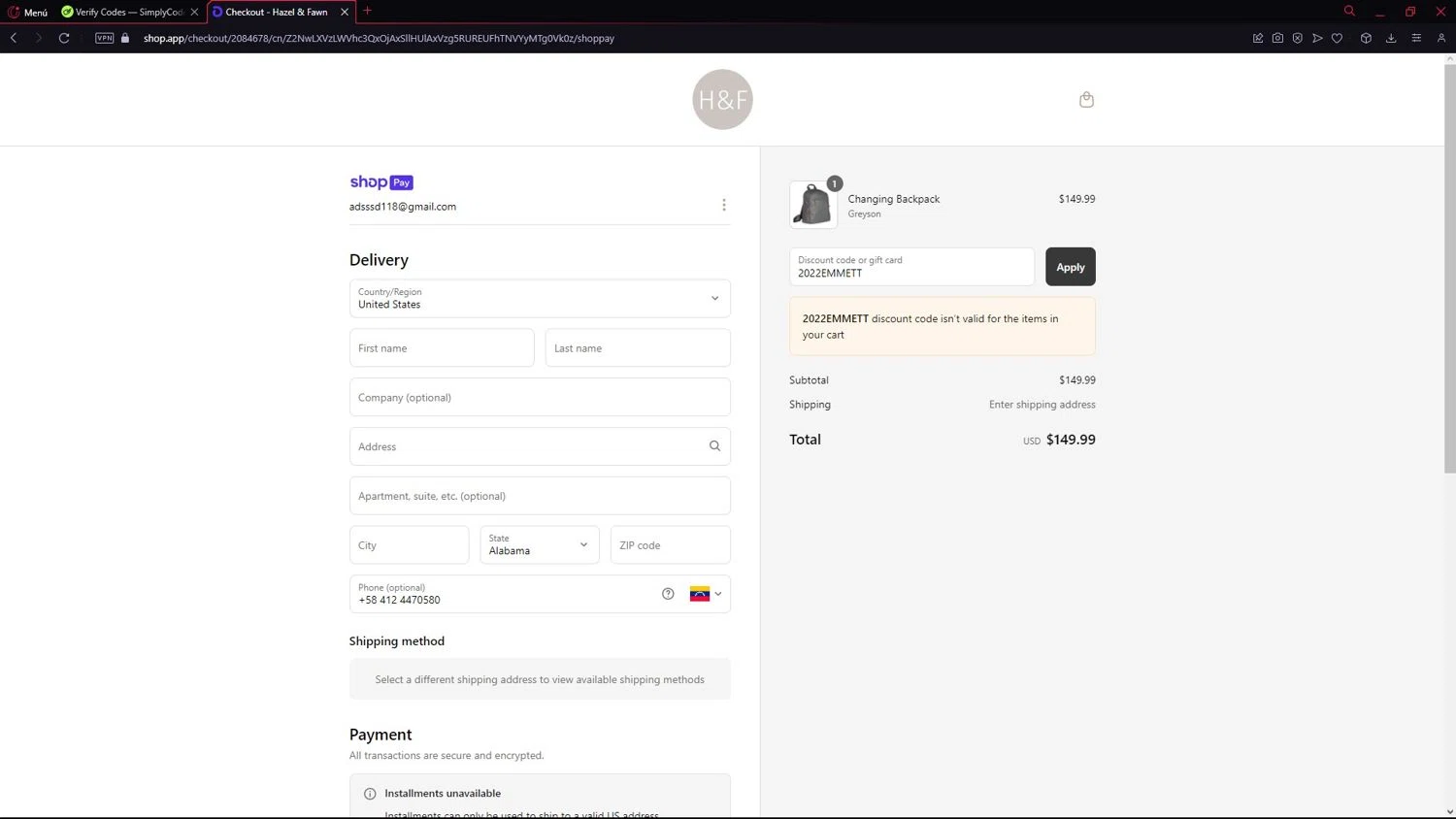 Hazel & Fawn promo code screenshot showing code 2022EMMETT applied at Hazel & Fawn checkout page. Uploaded by SimplyCodes community member LegendarySeeker3956 on Jun 24, 2025