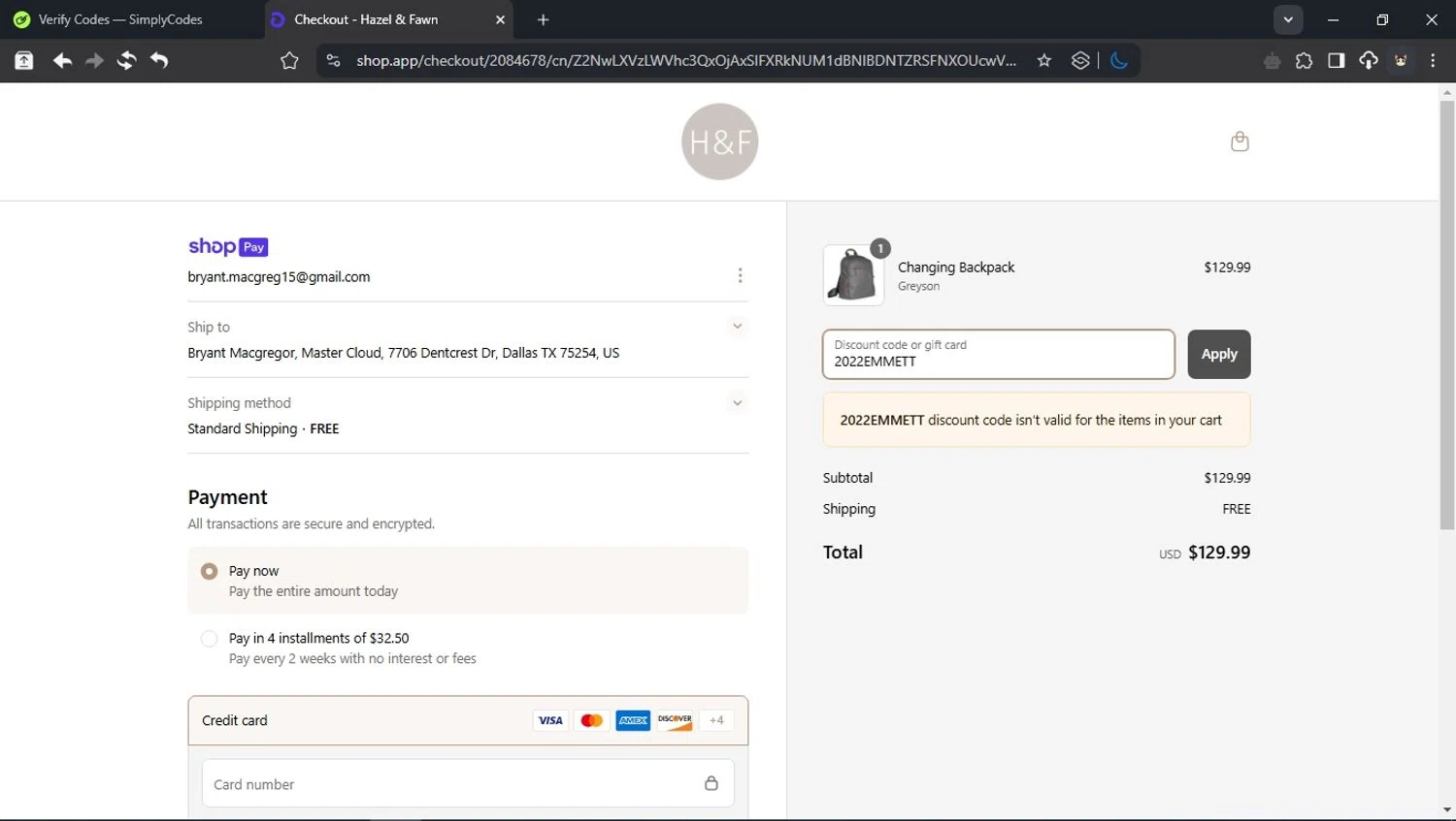 Hazel & Fawn promo code screenshot showing code 2022EMMETT applied at Hazel & Fawn checkout page. Uploaded by SimplyCodes community member domain on Apr 3, 2025