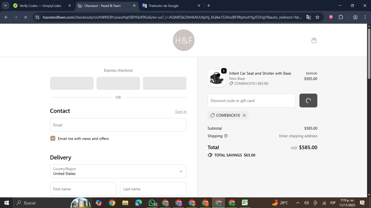 Hazel & Fawn promo code screenshot showing code COMEBACK10 applied at Hazel & Fawn checkout page. Uploaded by SimplyCodes community member GloriousDefender7889 on Nov 11, 2025