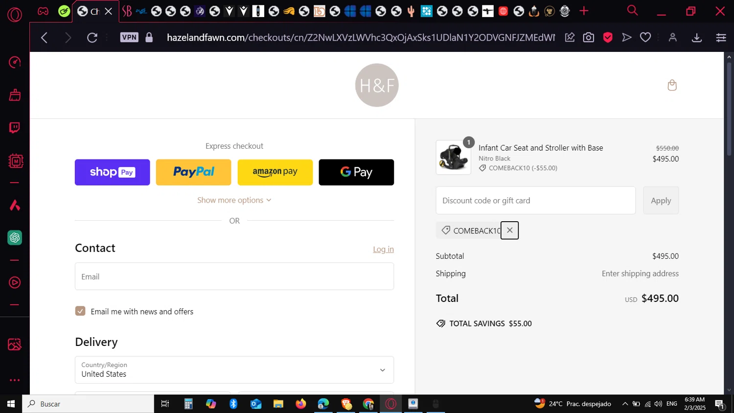 Hazel & Fawn promo code screenshot showing code COMEBACK10 applied at Hazel & Fawn checkout page. Uploaded by SimplyCodes community member guest_623525963 on Feb 3, 2025