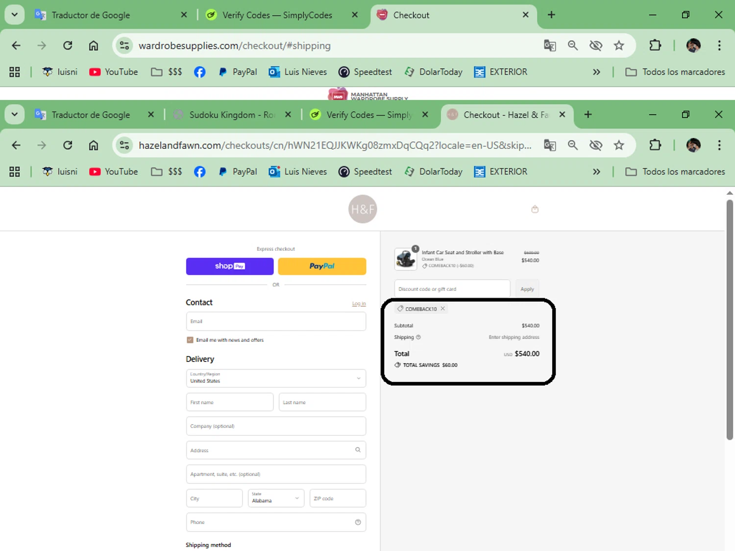 Hazel & Fawn promo code screenshot showing code COMEBACK10 applied at Hazel & Fawn checkout page. Uploaded by SimplyCodes community member luisrodriguez on Aug 20, 2025