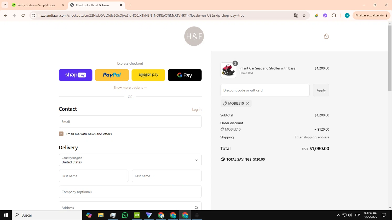 Hazel & Fawn promo code screenshot showing code MOBILE10 applied at Hazel & Fawn checkout page. Uploaded by SimplyCodes community member CouponSage4959 on May 30, 2025