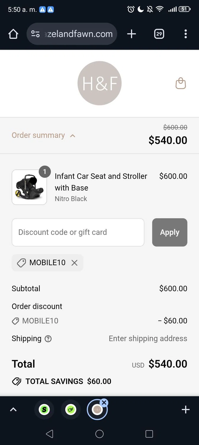 Hazel & Fawn promo code screenshot showing code MOBILE10 applied at Hazel & Fawn checkout page. Uploaded by SimplyCodes community member George09 on Aug 3, 2025