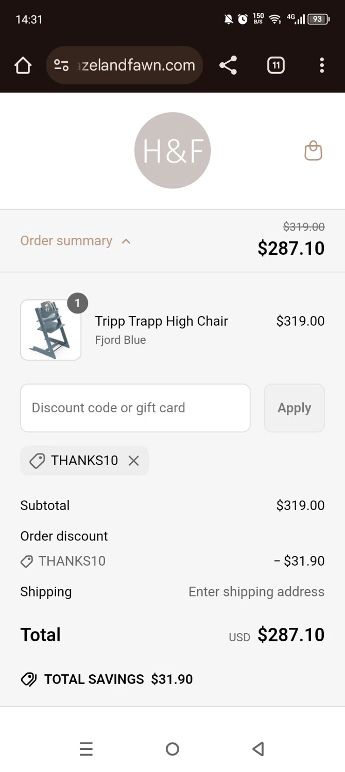 Hazel & Fawn promo code screenshot showing code THANKS10 applied at Hazel & Fawn checkout page. Uploaded by SimplyCodes community member Olivatle on May 8, 2025