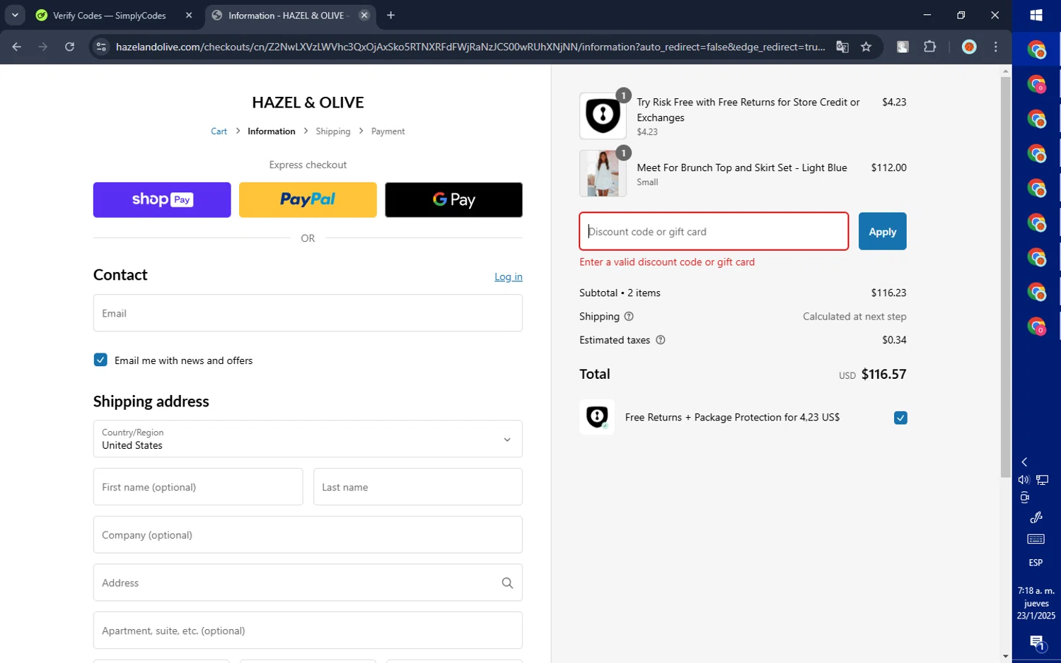 Hazel & Olive promo code screenshot showing code MERRY applied at Hazel & Olive checkout page. Uploaded by SimplyCodes community member GoldPilot5958 on Jan 23, 2025