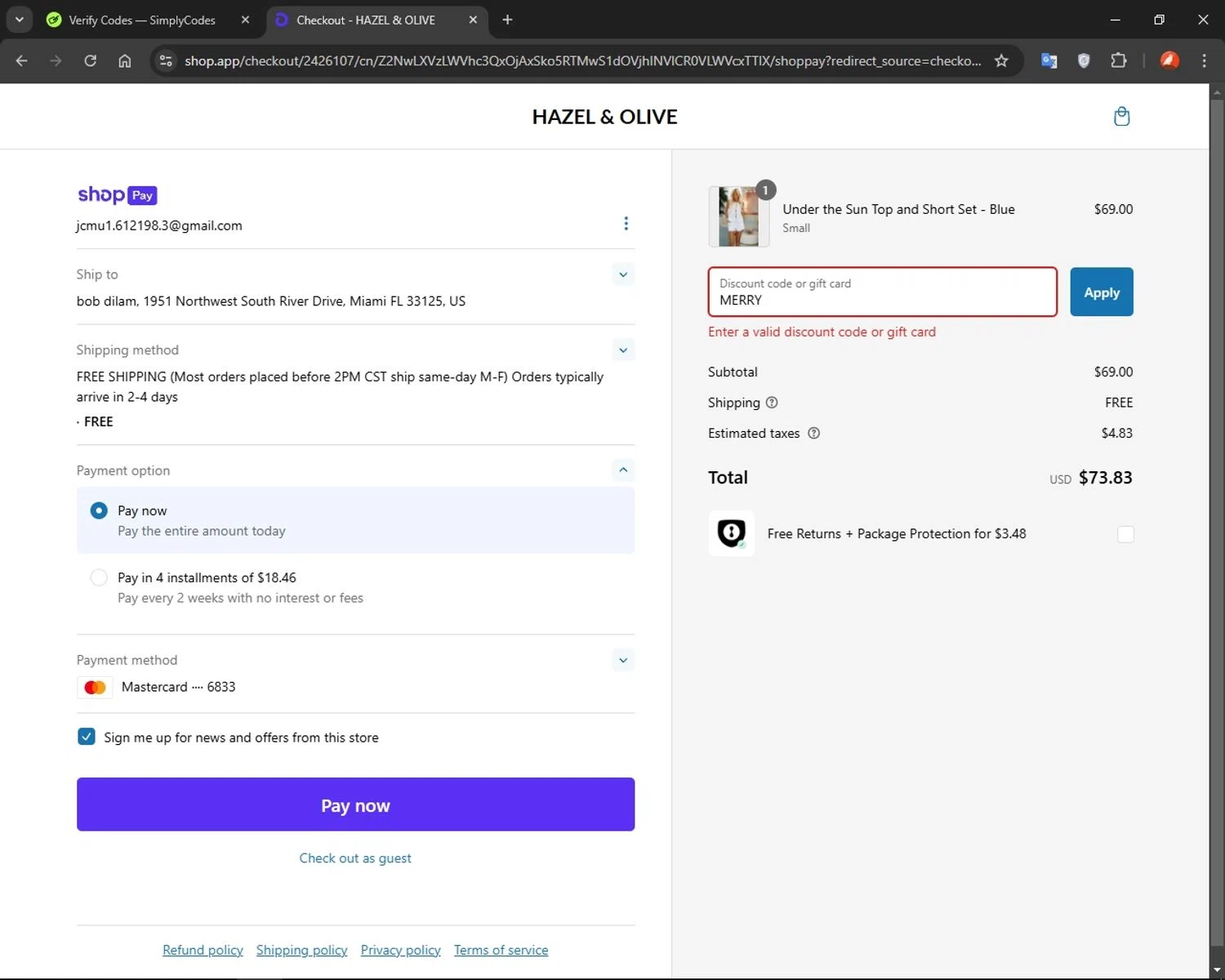Hazel & Olive promo code screenshot showing code MERRY applied at Hazel & Olive checkout page. Uploaded by SimplyCodes community member xReTuMa14x on Jan 23, 2025