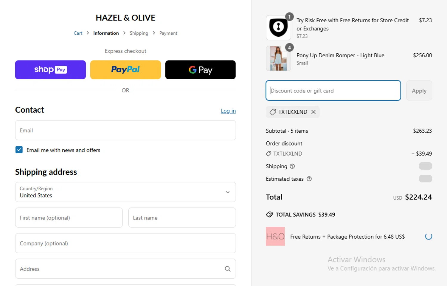 Hazel & Olive checkout page showing Hazel & Olive promo code box | Screenshot taken by SimplyCodes community member on Apr 7, 2025
