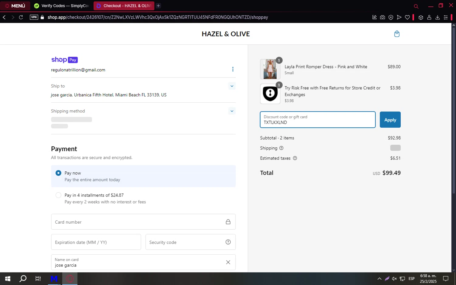 Hazel & Olive checkout page showing Hazel & Olive promo code box | Screenshot taken by SimplyCodes community member on Feb 25, 2025