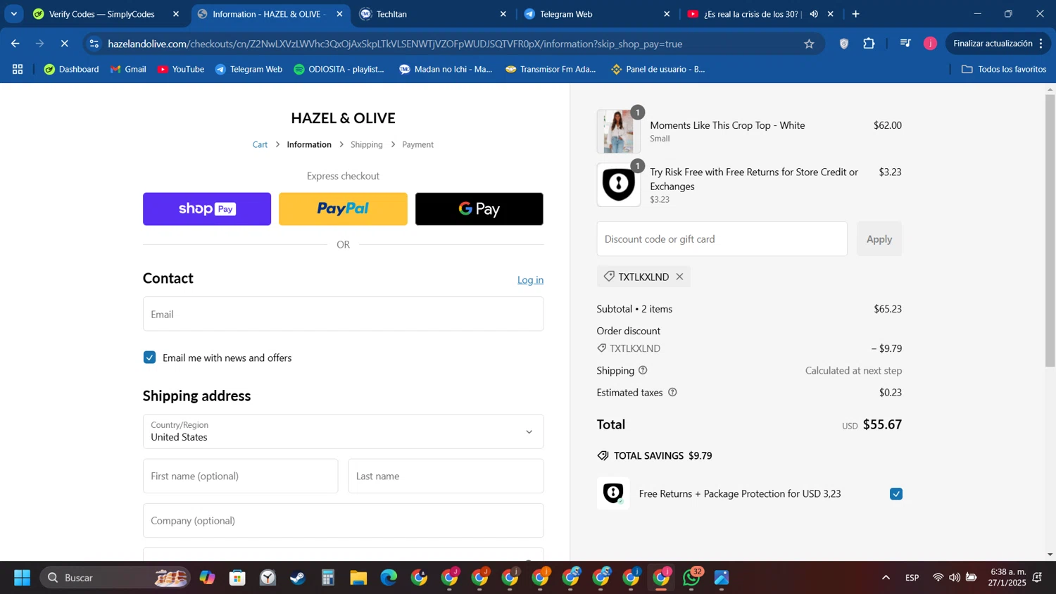Hazel & Olive checkout page showing Hazel & Olive promo code box | Screenshot taken by SimplyCodes community member on Jan 27, 2025