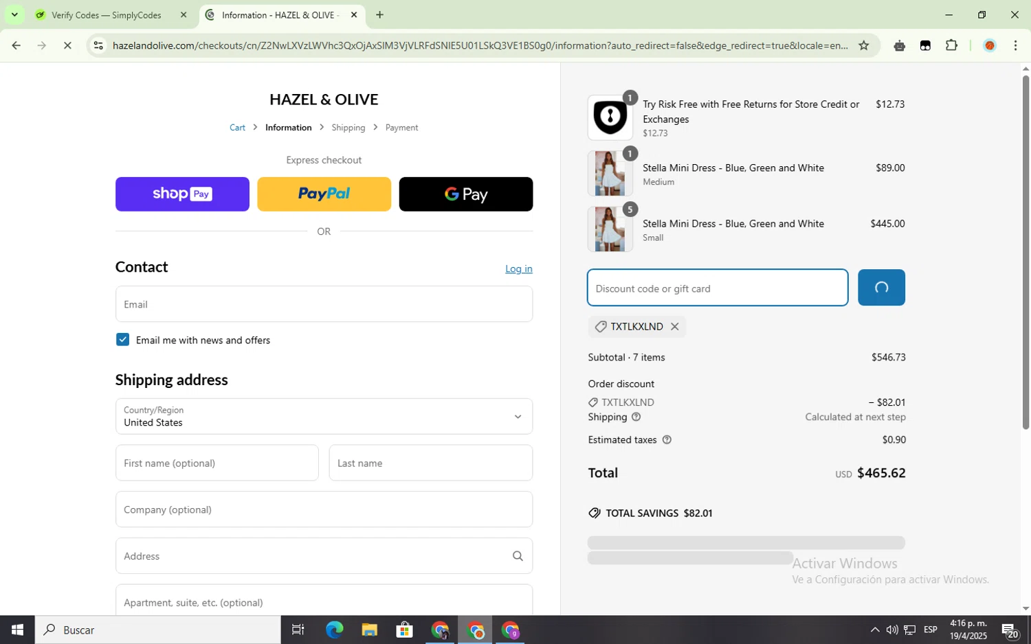 Hazel & Olive checkout page showing Hazel & Olive promo code box | Screenshot taken by SimplyCodes community member on Apr 19, 2025