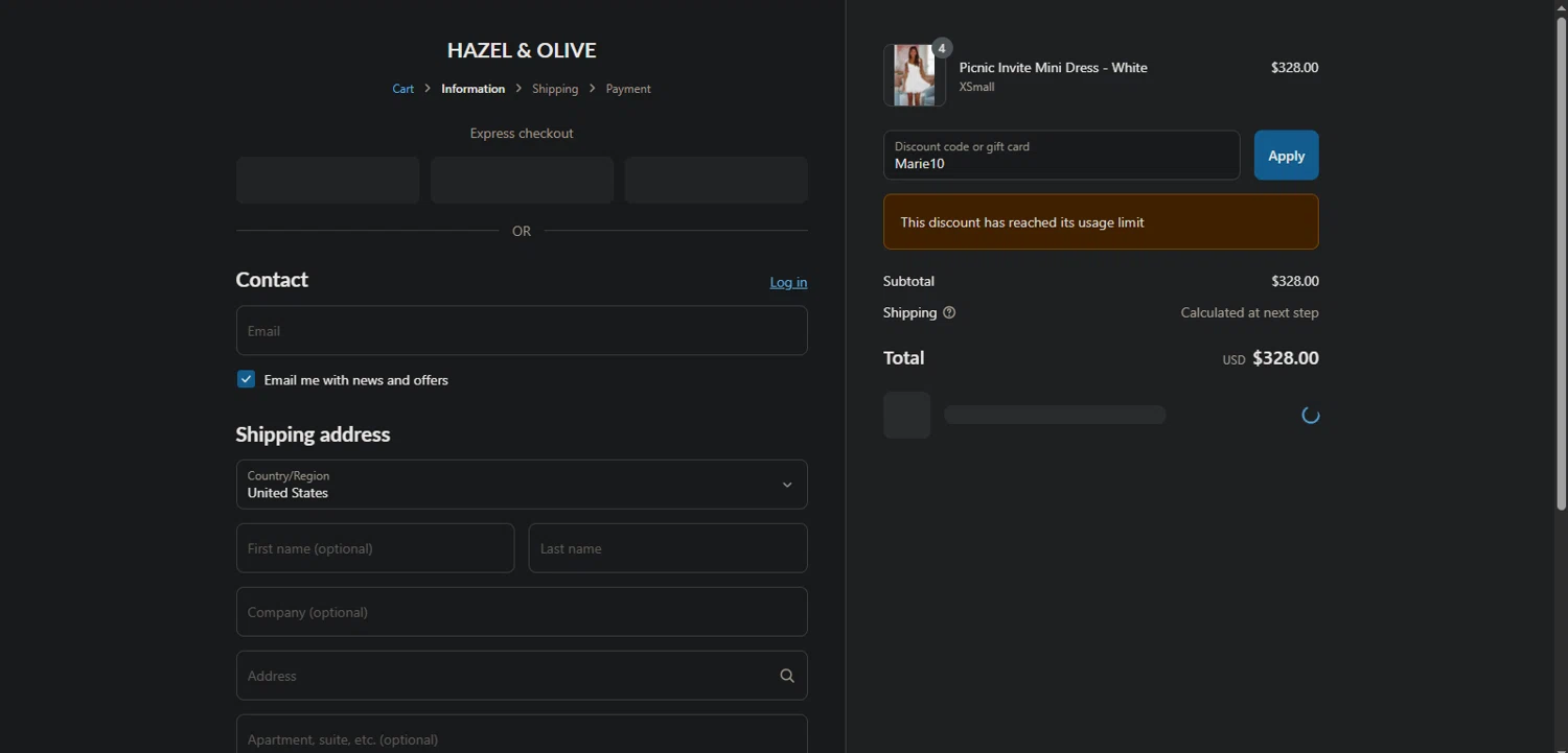 Hazel & Olive promo code screenshot showing code Marie10 applied at Hazel & Olive checkout page. Uploaded by SimplyCodes community member Nor_man on Jun 3, 2025