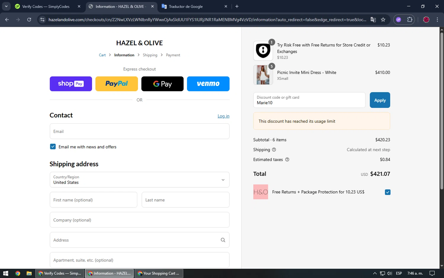 Hazel & Olive promo code screenshot showing code Marie10 applied at Hazel & Olive checkout page. Uploaded by SimplyCodes community member SrSolomon on Jun 3, 2025