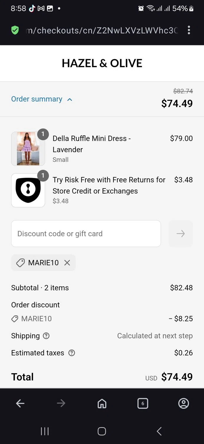 Hazel & Olive promo code screenshot showing code Marie10 applied at Hazel & Olive checkout page. Uploaded by SimplyCodes community member vida5254427716958 on May 5, 2025