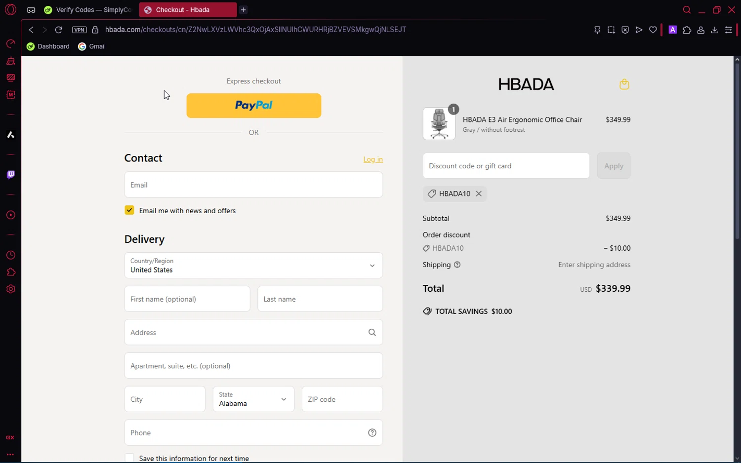 Hbada discount code screenshot showing code HBADA10 applied at Hbada checkout page. Uploaded by SimplyCodes community member ShrewdPioneer2612 on Jun 26, 2025