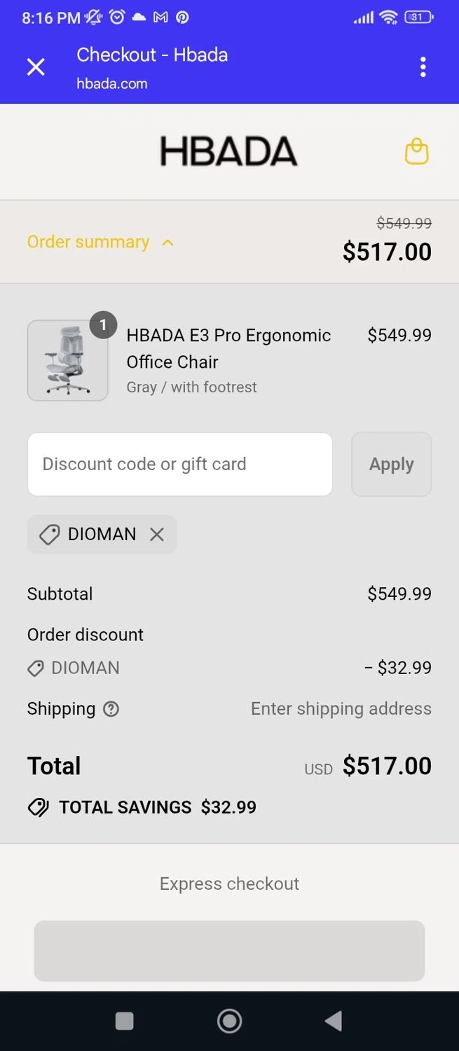 Hbada discount code screenshot showing code DIOMAN applied at Hbada checkout page. Uploaded by SimplyCodes community member Saturno on Aug 4, 2025