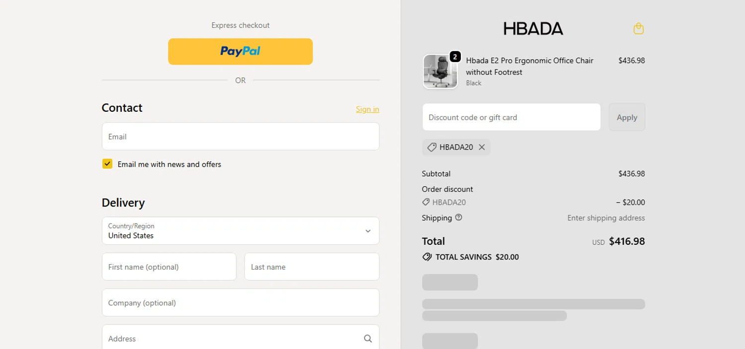 Hbada discount code screenshot showing code HBADA20 applied at Hbada checkout page. Uploaded by SimplyCodes community member MagnificentCurator5441 on Nov 30, 2025