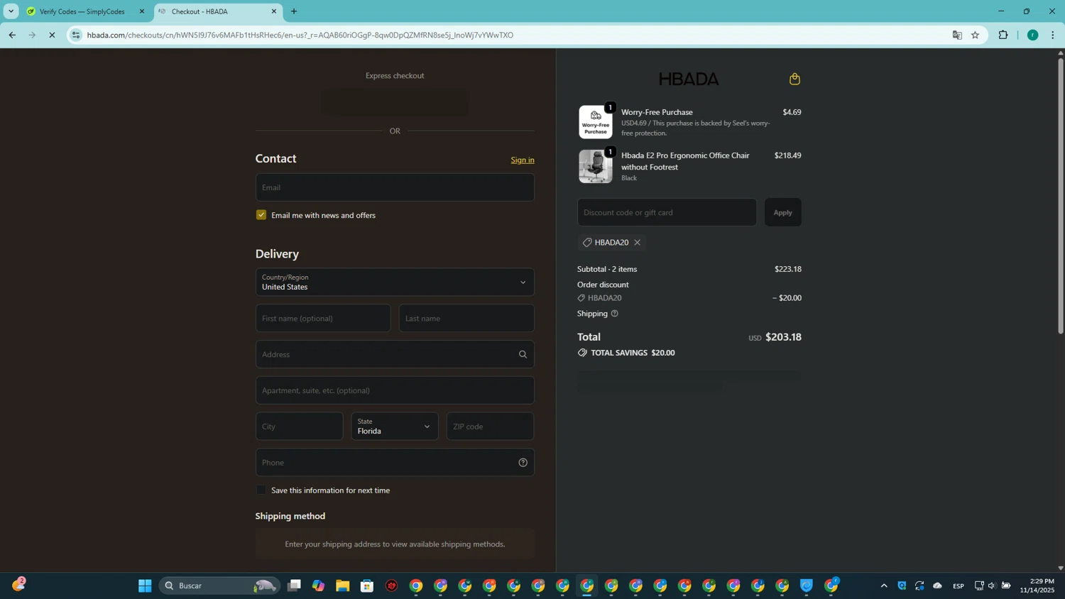 Hbada discount code screenshot showing code HBADA20 applied at Hbada checkout page. Uploaded by SimplyCodes community member SavingsRanger5017 on Nov 14, 2025