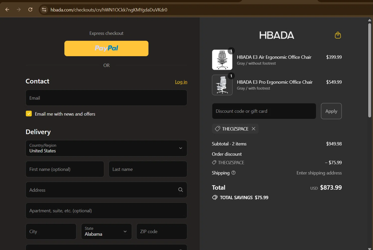 Hbada discount code screenshot showing code THEOZSPACE applied at Hbada checkout page. Uploaded by SimplyCodes community member PromoExpert5262 on Aug 3, 2025