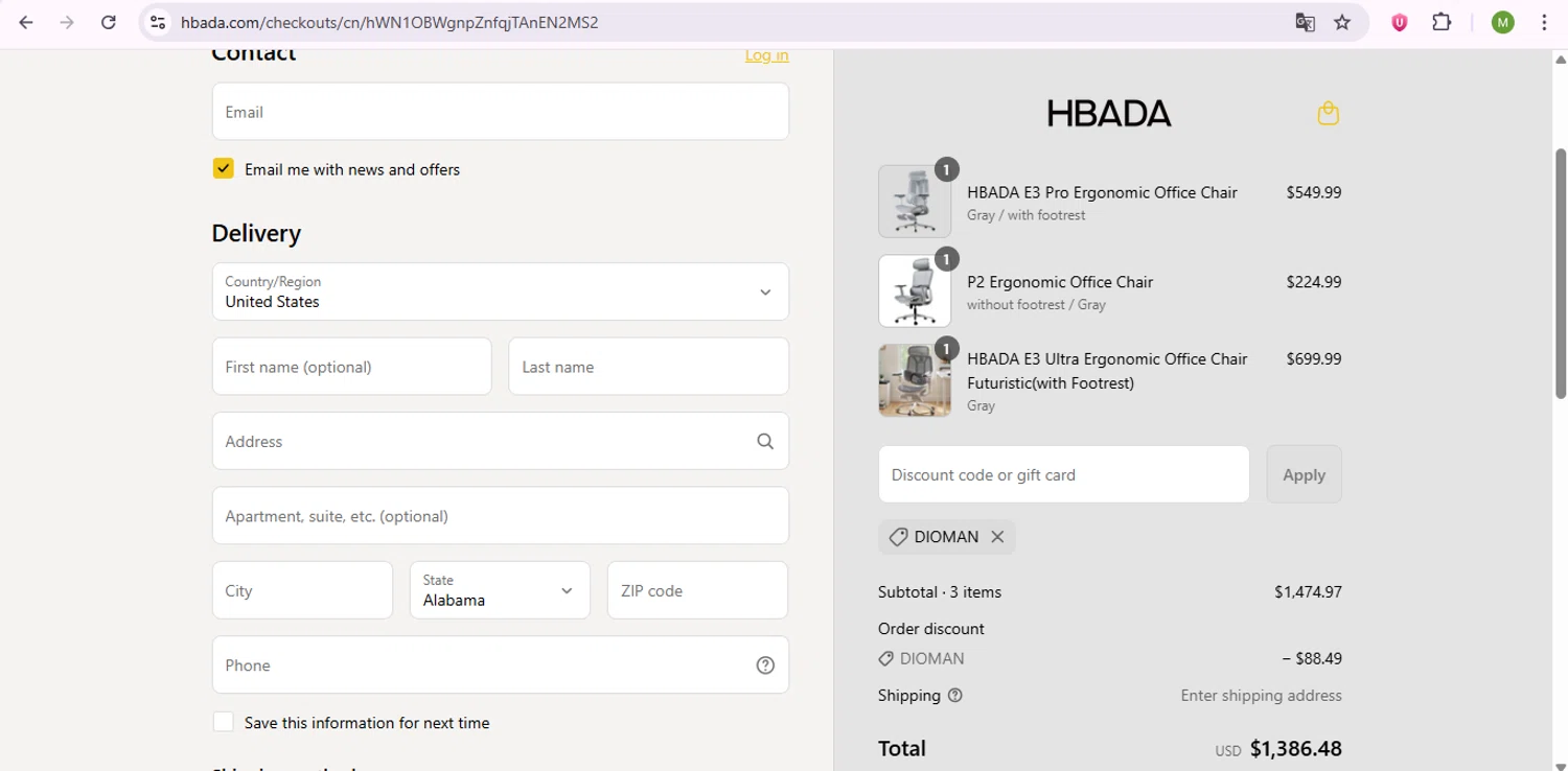 Hbada discount code screenshot showing code DIOMAN applied at Hbada checkout page. Uploaded by SimplyCodes community member SaleSentinel7319 on Aug 4, 2025