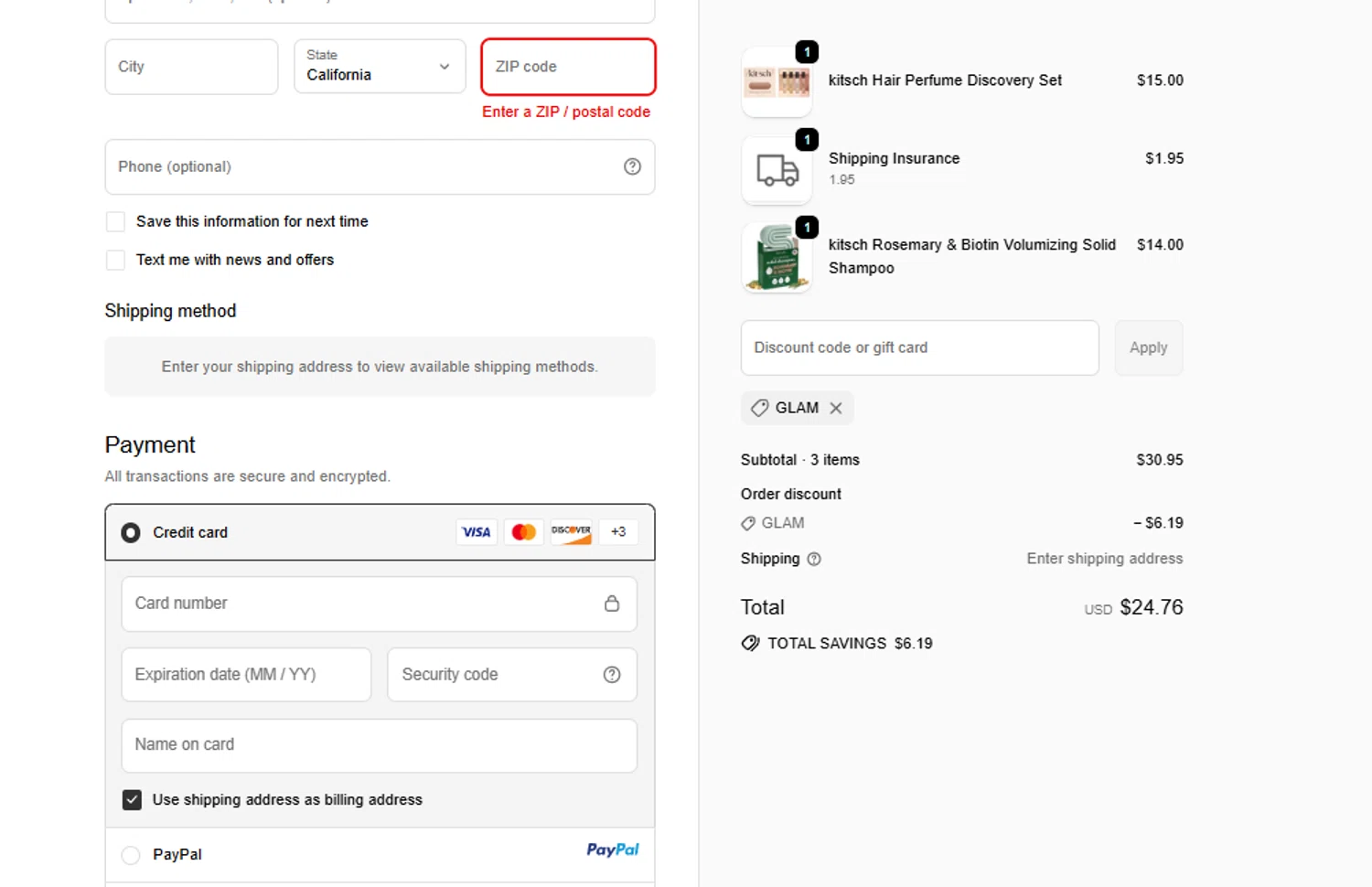 HB Beauty Bar promo code screenshot showing code GLAM applied at HB Beauty Bar checkout page. Uploaded by SimplyCodes community member gonzalodamole on Sep 23, 2025
