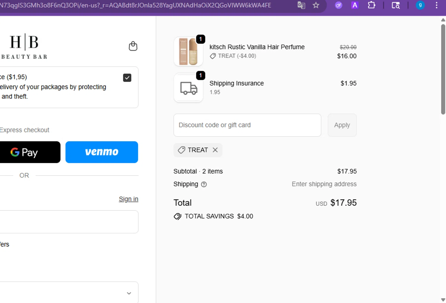 HB Beauty Bar promo code screenshot showing code treat applied at HB Beauty Bar checkout page. Uploaded by SimplyCodes community member FrugalVirtuoso6318 on Dec 31, 2025
