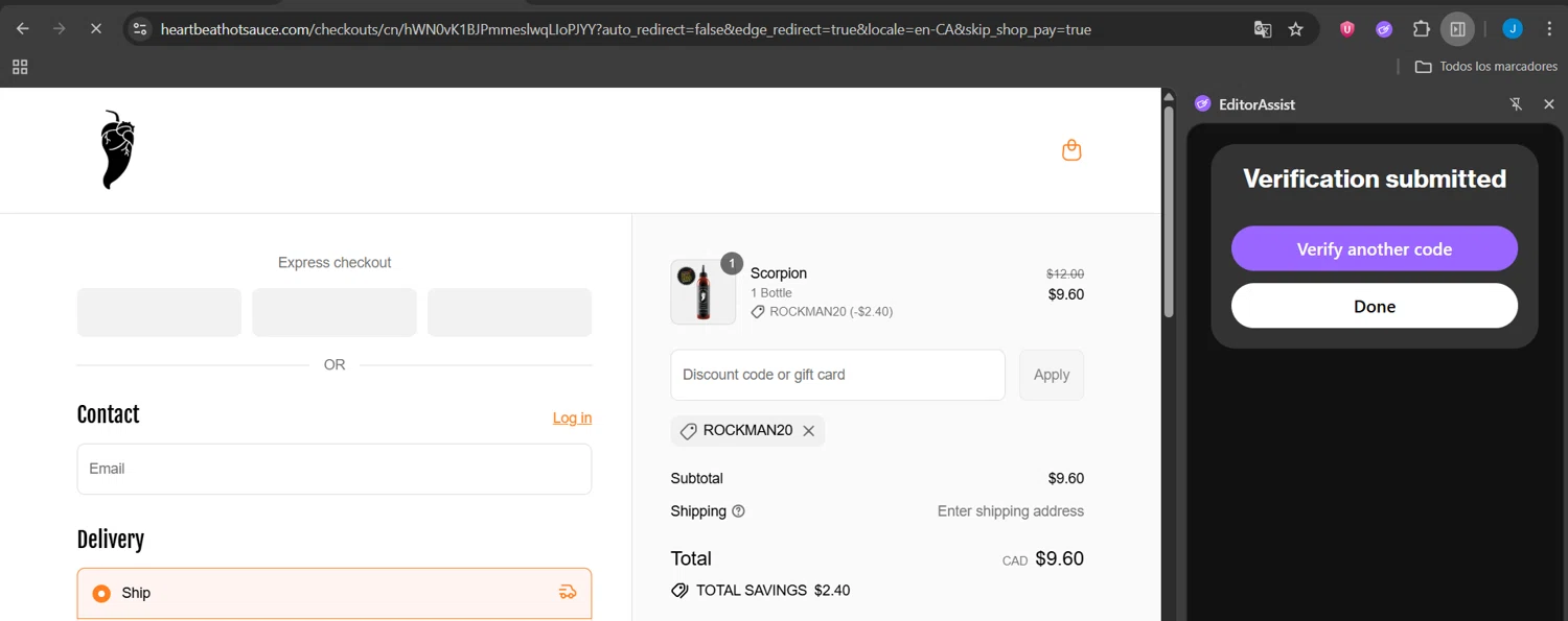 Heartbeat Hot Sauce discount code screenshot showing code ROCKMAN20 applied at Heartbeat Hot Sauce checkout page. Uploaded by SimplyCodes community member Jeanjc on Jul 22, 2025