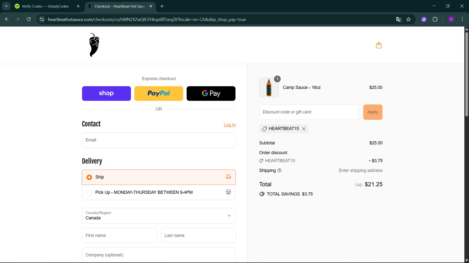 Heartbeat Hot Sauce discount code screenshot showing code HEARTBEAT15 applied at Heartbeat Hot Sauce checkout page. Uploaded by SimplyCodes community member GoldSeeker3096 on Sep 3, 2025
