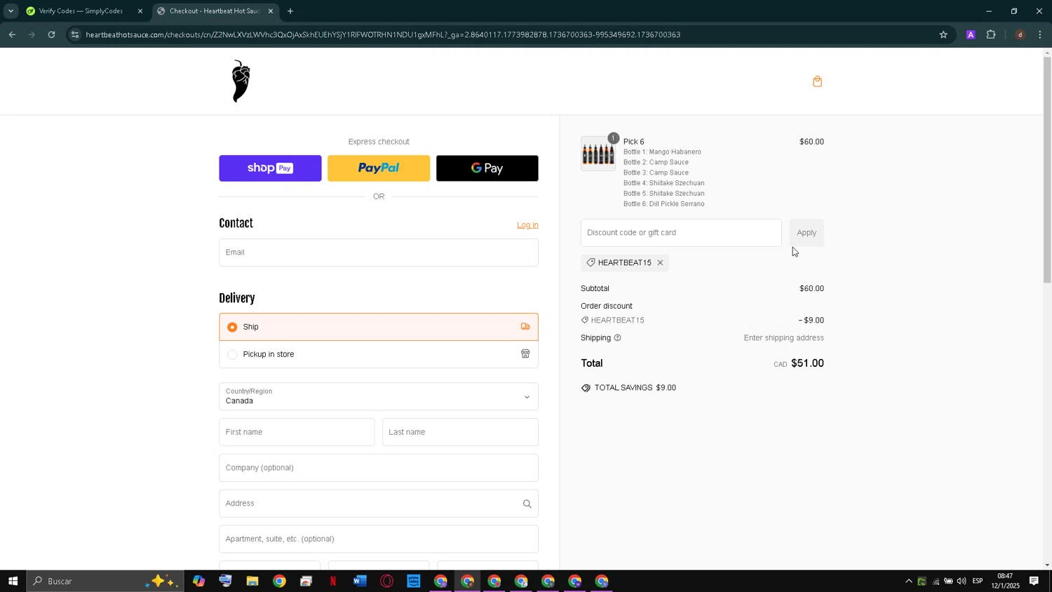Heartbeat Hot Sauce discount code screenshot showing code HEARTBEAT15 applied at Heartbeat Hot Sauce checkout page. Uploaded by SimplyCodes community member VictoriousTracker939 on Jan 12, 2025