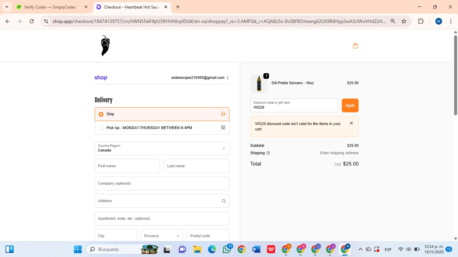 Heartbeat Hot Sauce discount code screenshot showing code WG20 applied at Heartbeat Hot Sauce checkout page. Uploaded by SimplyCodes community member BrilliantLion8135 on Nov 13, 2025