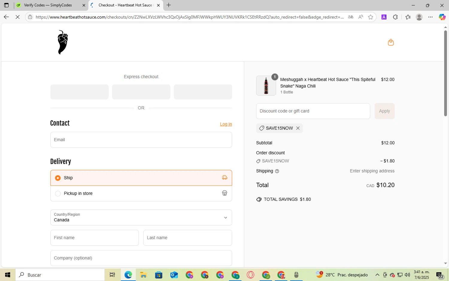 Heartbeat Hot Sauce discount code screenshot showing code SAVE15NOW applied at Heartbeat Hot Sauce checkout page. Uploaded by SimplyCodes community member Babayagaa on Jun 7, 2025